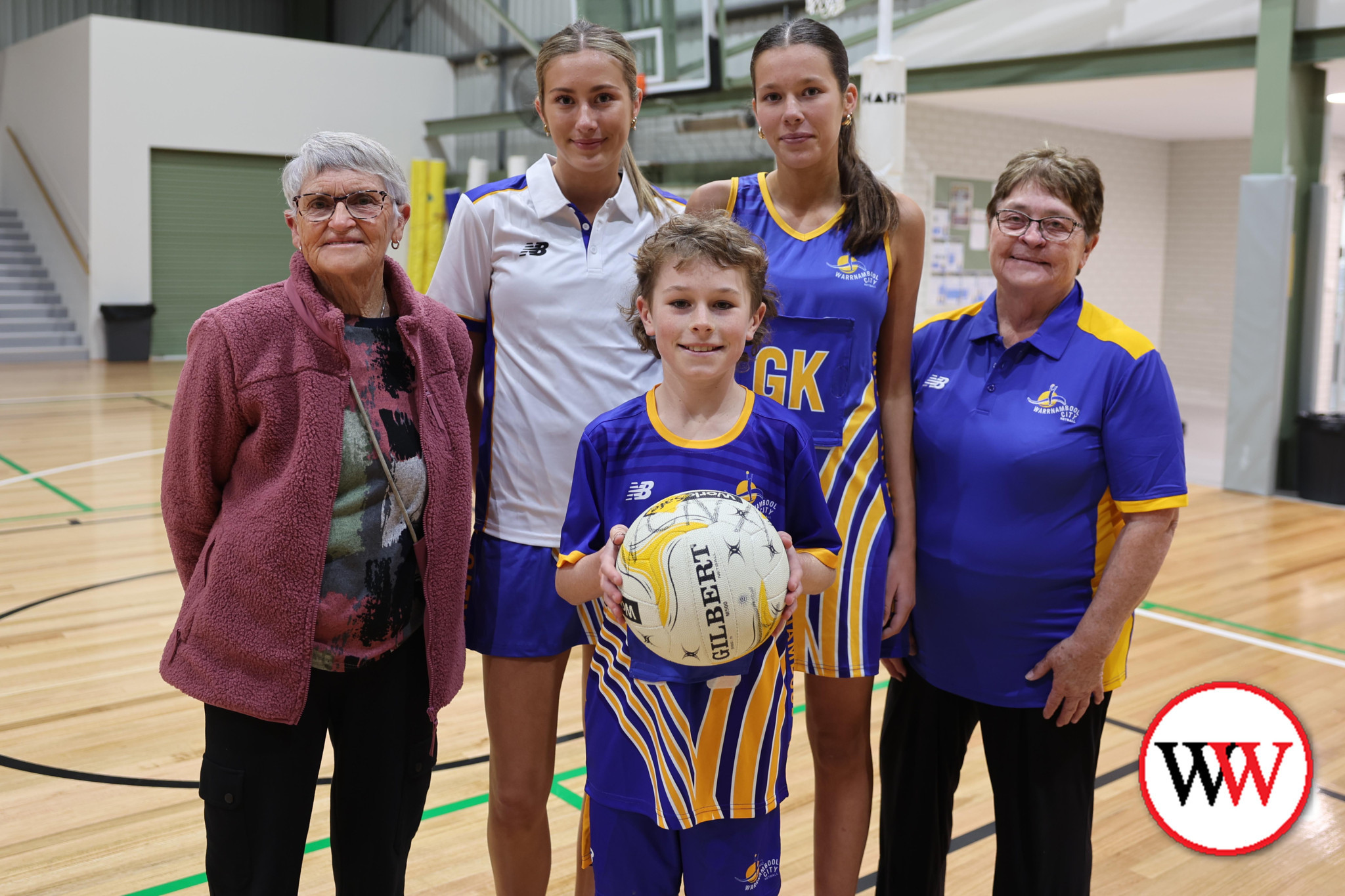 This week marked the official launch of the new Warrnambool City Netball Association uniforms, just in time for this weekend’s association championships at the Caramut Road stadium. Pictured with Val Bertrand (left) and association administrator Marg Morgan (right) are netballers Ruby and Violet McKinley and (front) Gilly Clingan.