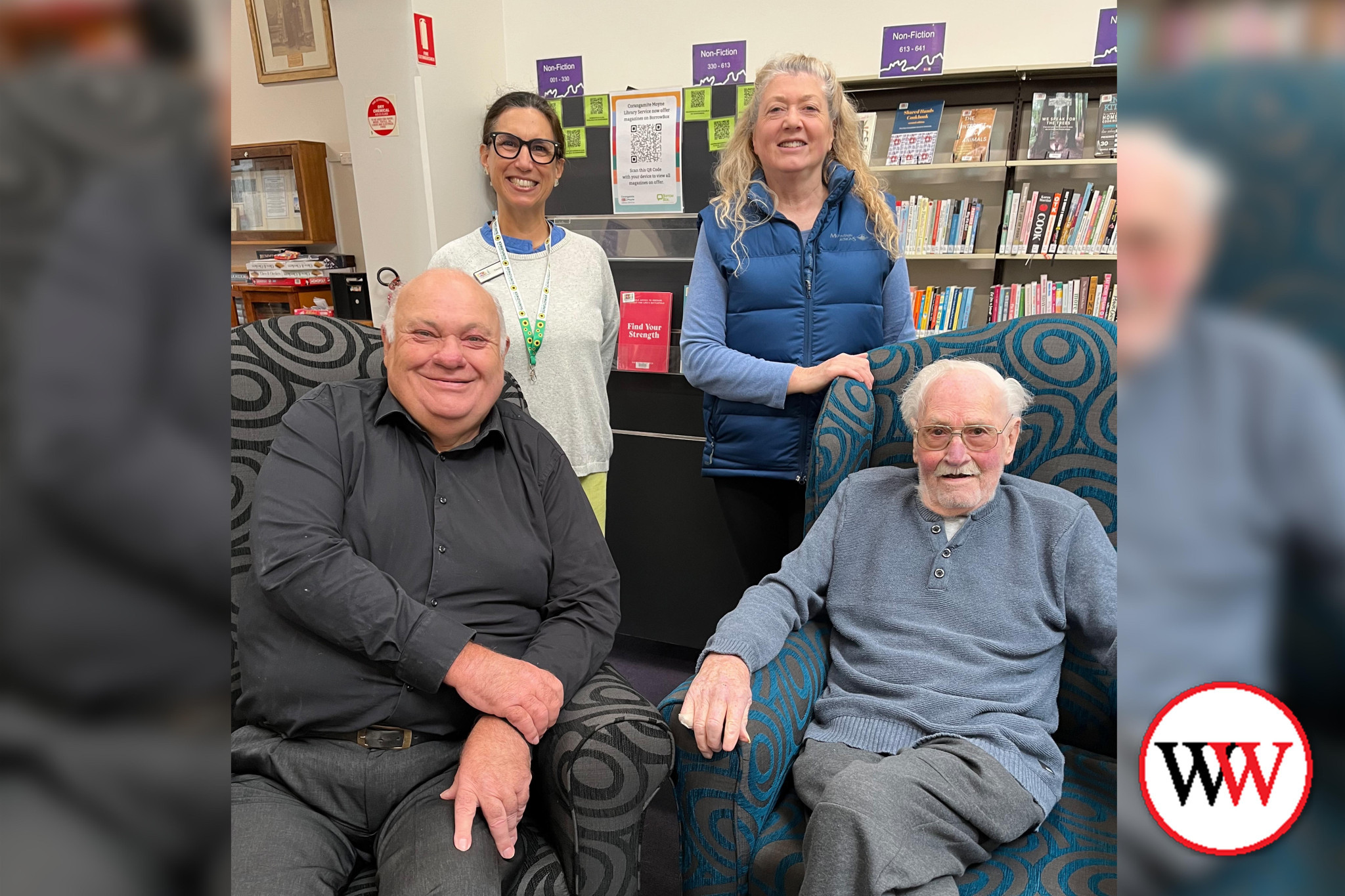 Port Fairy’s head librarian Claudia Matthews and Tracie Griffith with (in front) Rod Muir and Geoff Griffith. Absent committee members – Heidi Gass and Catherine Etteridge.