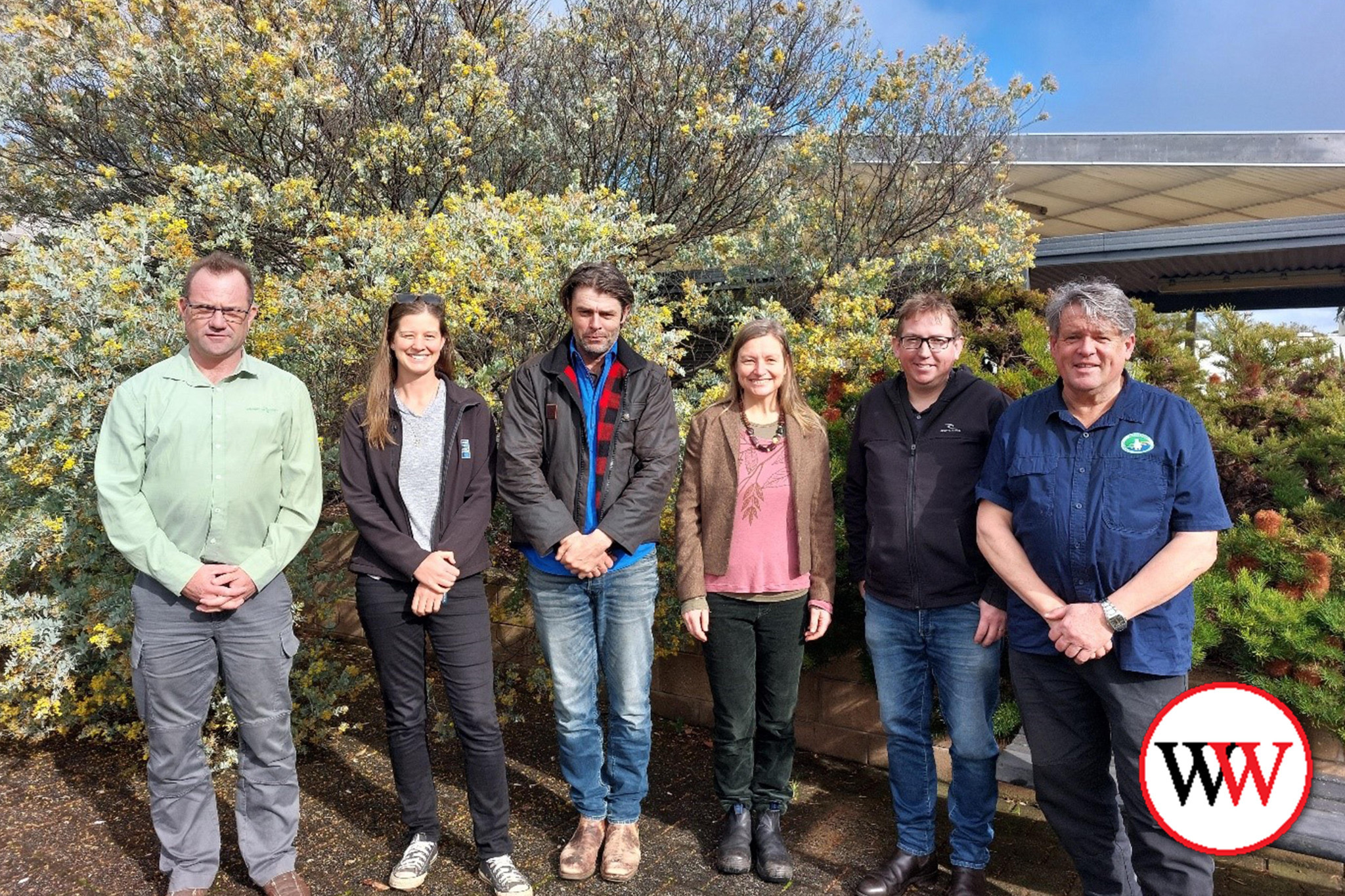 Partnership against Pests (PaP) steering committee members, from left: David Blythe (Ag Victoria), Rhiannon Fischer (Moyne Shire), Tim Bligh (WCLN committee member), Jackie Bowe ( WCLN PaP Project Officer), Justin Harzmeyer (Warrnambool City Council) and Geoff Rollinson (WCLN Senior Landcare facilitator).