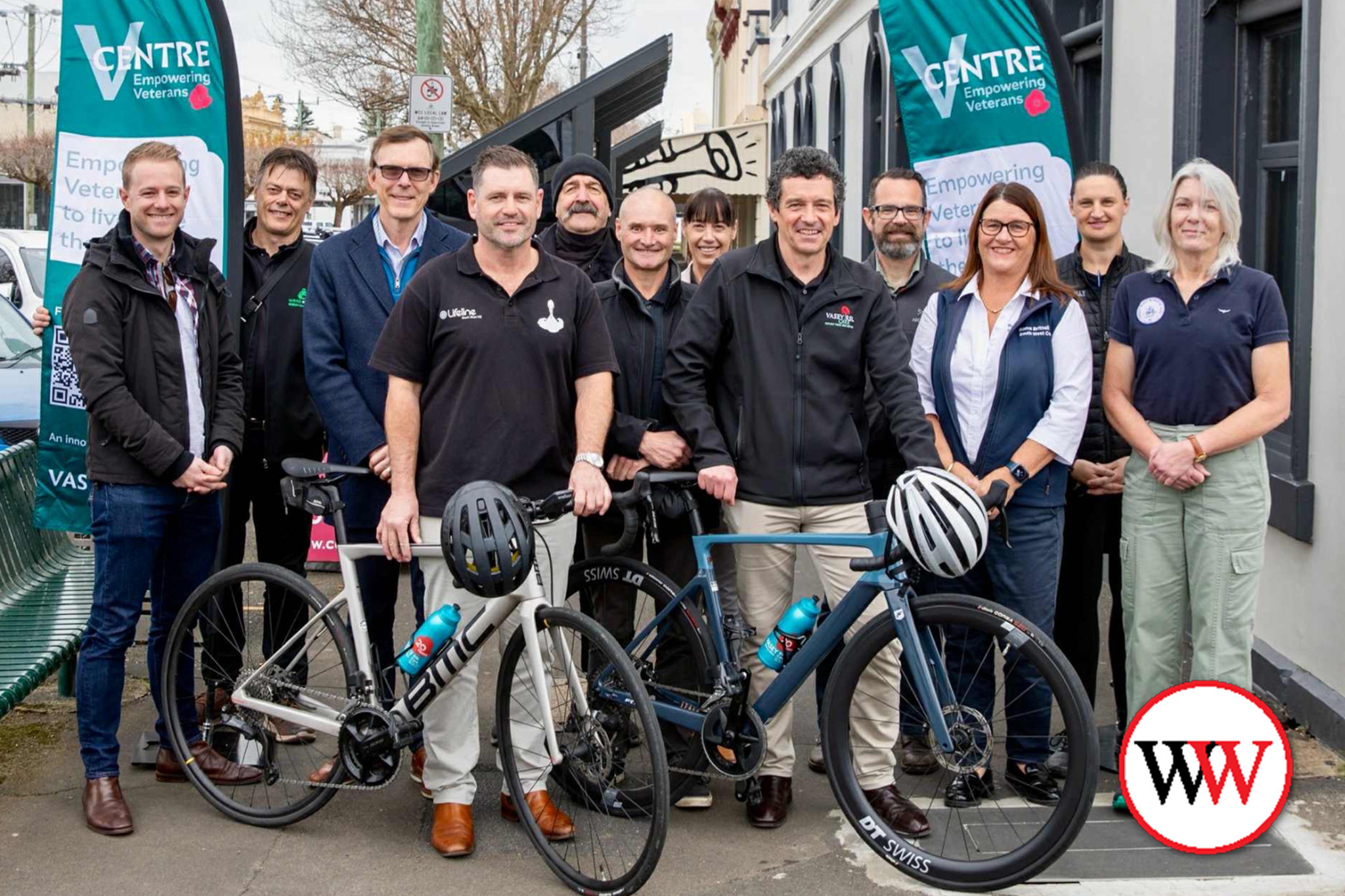 Member for South West Coast Roma Britnell and Warrnambool-based veteran Adam Kent joined others at the recent launch of ‘Tour de V Centre’ in Warrnambool. Photo courtesy James Mepham.