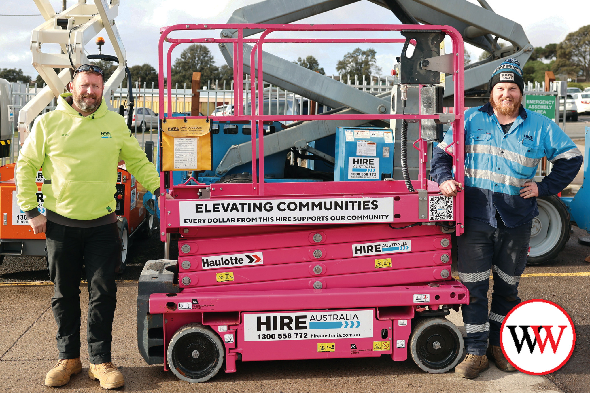 Jason and Josh are keen to see this pink scissor lift out and about in the community.