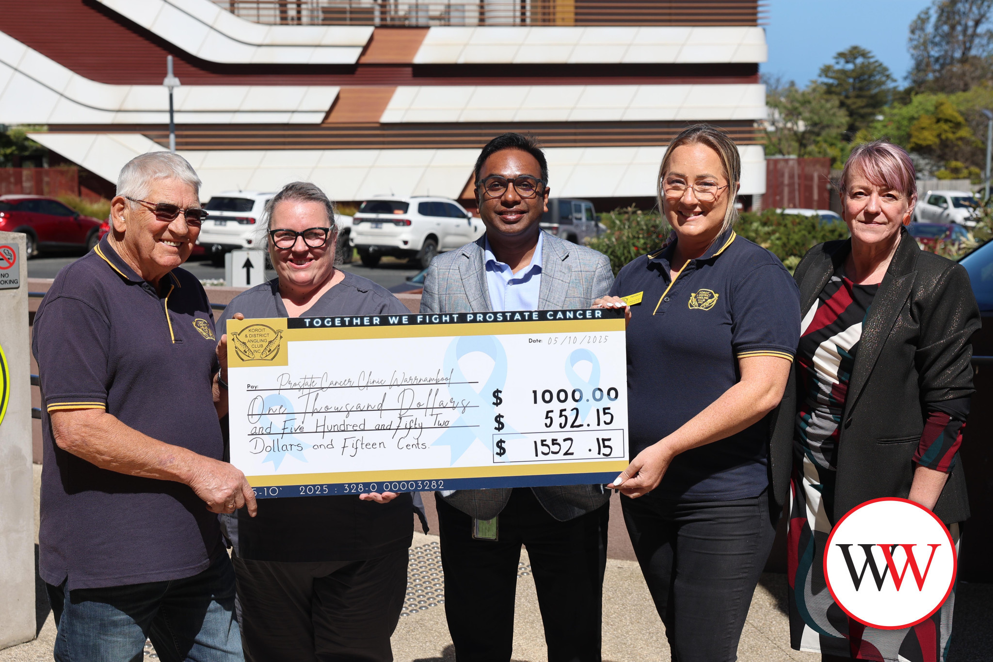 Koroit & District Angling Club earlier this week donated just over $1,550 towards South West Healthcare’s campaign to raise around $86,000 for two additional ultrasound probes for its prostate cancer detector – bringing the campaign to within $15,000 of its target. Pictured outside the cancer centre earlier this week are, from left, Bernie Bishop (angling club committee member), Nikki Payne (SWH prostate cancer nurse practitioner), Eby Eapen Mathew (SWH deputy director of nursing, surgical services), Angela McNaughton (angling club president) and Suzan Morey (SWH community partnerships manager).