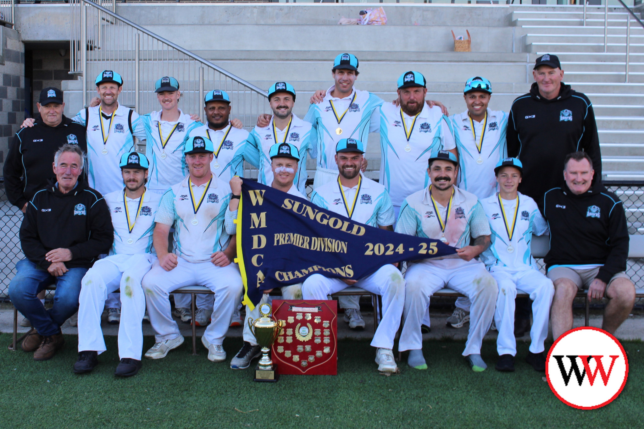 Northern Raiders Cricket Club’s Premier Division champions. Back row, from left: Trevor Dowd (co-president), Chris Lenehan, Jack Lenehan, Ranil Rasanga, Bailey Brooks, Sandy Robinson, Tim Bryce, Chetan Sharma and Mick McKinnon (co-president). Front: Roger Henderson (chairman of selectors), Pat Bubb, Jake Louth, Jacob Fishwick, Jack Burnham (vice-captain), Jimy Elford (captain/coach), Ethan Couch and Greg Billington (team manager).