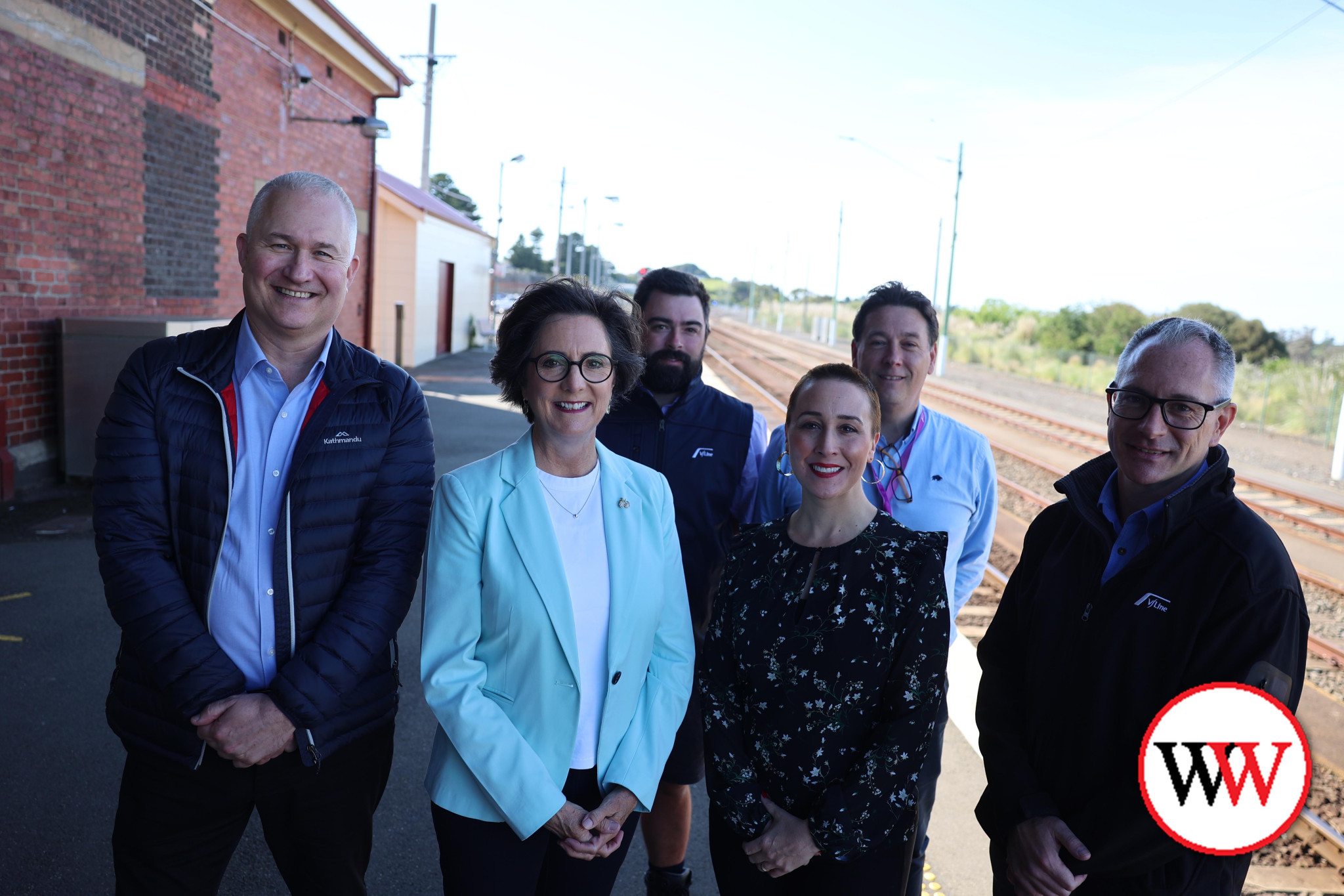 Minister for Public and Active Transport Gabrielle Williams and Member for Western Victoria Jacinta Ermacora (centre) with VLine’s John Byrne, Jack Redford, Brenton Farrel and chief executive Matt Carrick (right) on the Warrnambool platform earlier this week.