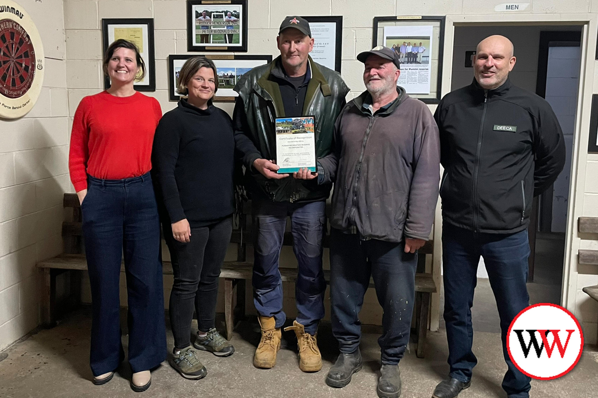 Department of Energy, Environment and Climate Action (DEECA) senior advisor Nicola Miles (left), regional director of Barwon South West Ruth Caldwell and DEECA program officer (Warrnambool regional services) John Miles (right) congratulate Purnim Recreation Reserve president Mick McKinnon and secretary Peter McDonald.