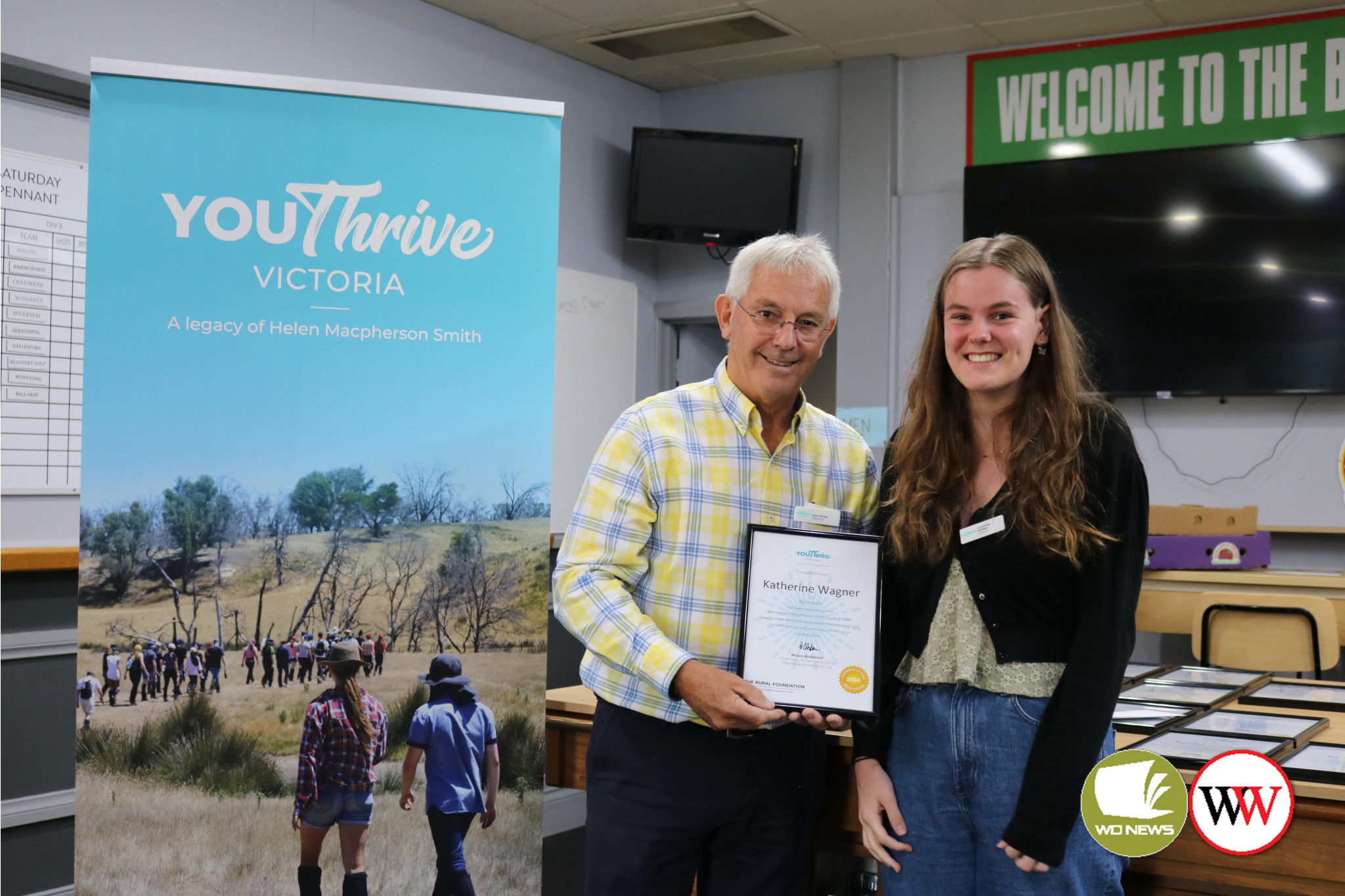 Bob Yeates, director of Youthrive Victoria, with 2024 university scholarship recipient, Katherine Wagner.