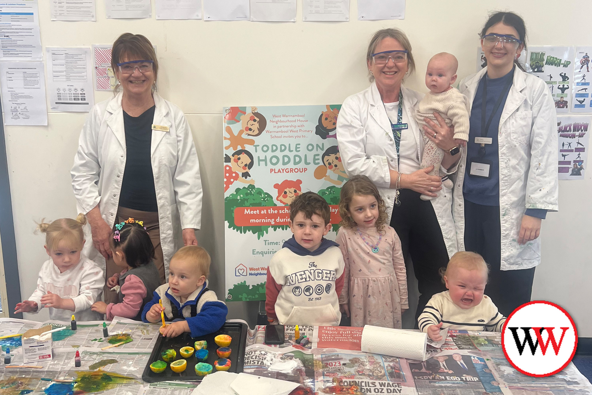 Jill Bourke, Renae Blake and Deakin student Amy Primmer with some of the children who enjoyed the special morning of science activities.