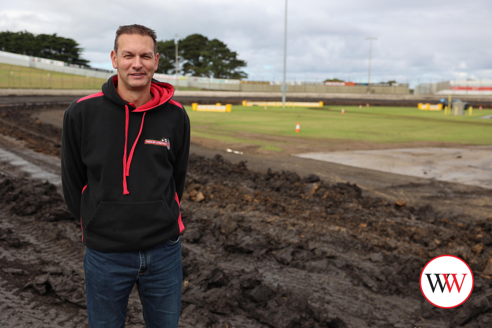 General manager at Warrnambool’s Premier Speedway Michael Parry was happy to see work begin earlier this week on removing the dark coloured clay.
