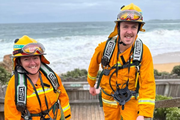 Winslow and Yarpturk Fire Brigade members Sue Rondea of Koroit and Dan Deans from Winslow prepare to take on the 2023 Melbourne Firefighter Stair Climb