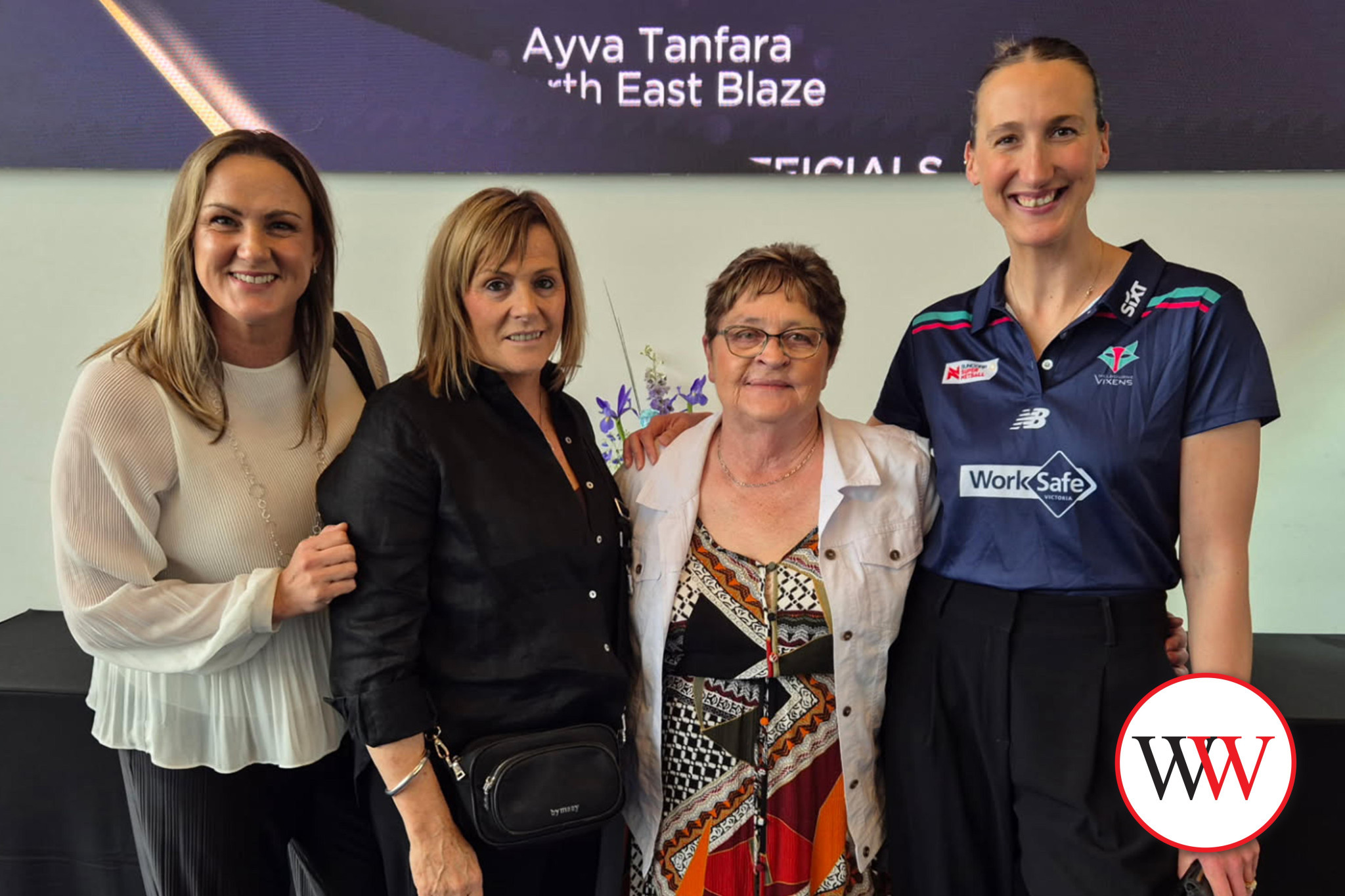 Sharelle McMahon (Netball Victoria general manager, high performance and pathways), Di Honey (Melbourne Vixens 2026 coach), Warrnambool City Netball administrator Marg Morgan and Melbourne Vixens player, Emily Mannix.
