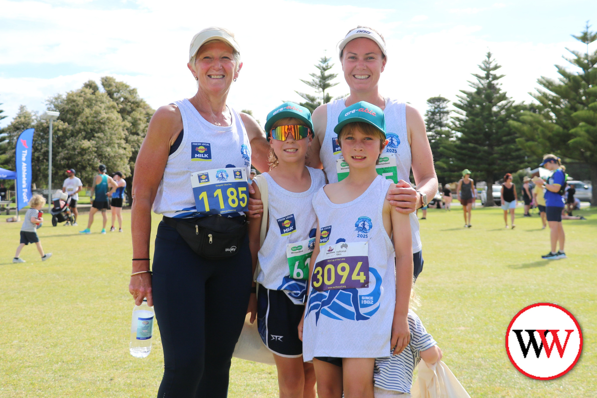 ‘Nana’ Jenny Hand (left) was happy to celebrate the completion of the Surf t Surf with her family, Alfie, Jonty and Ashlea Hall.