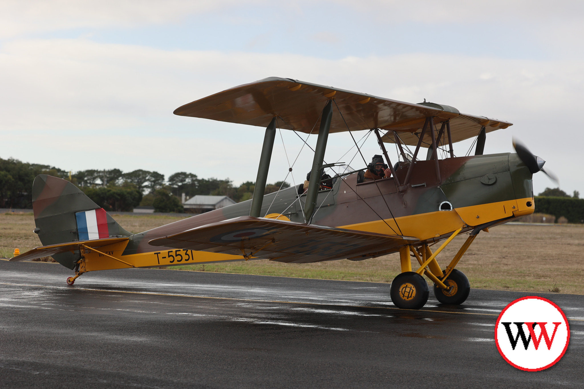 Tiger Moth pilot Jason Cheney and crew member David McGuinness shortly after landing in Warrnambool last weekend.