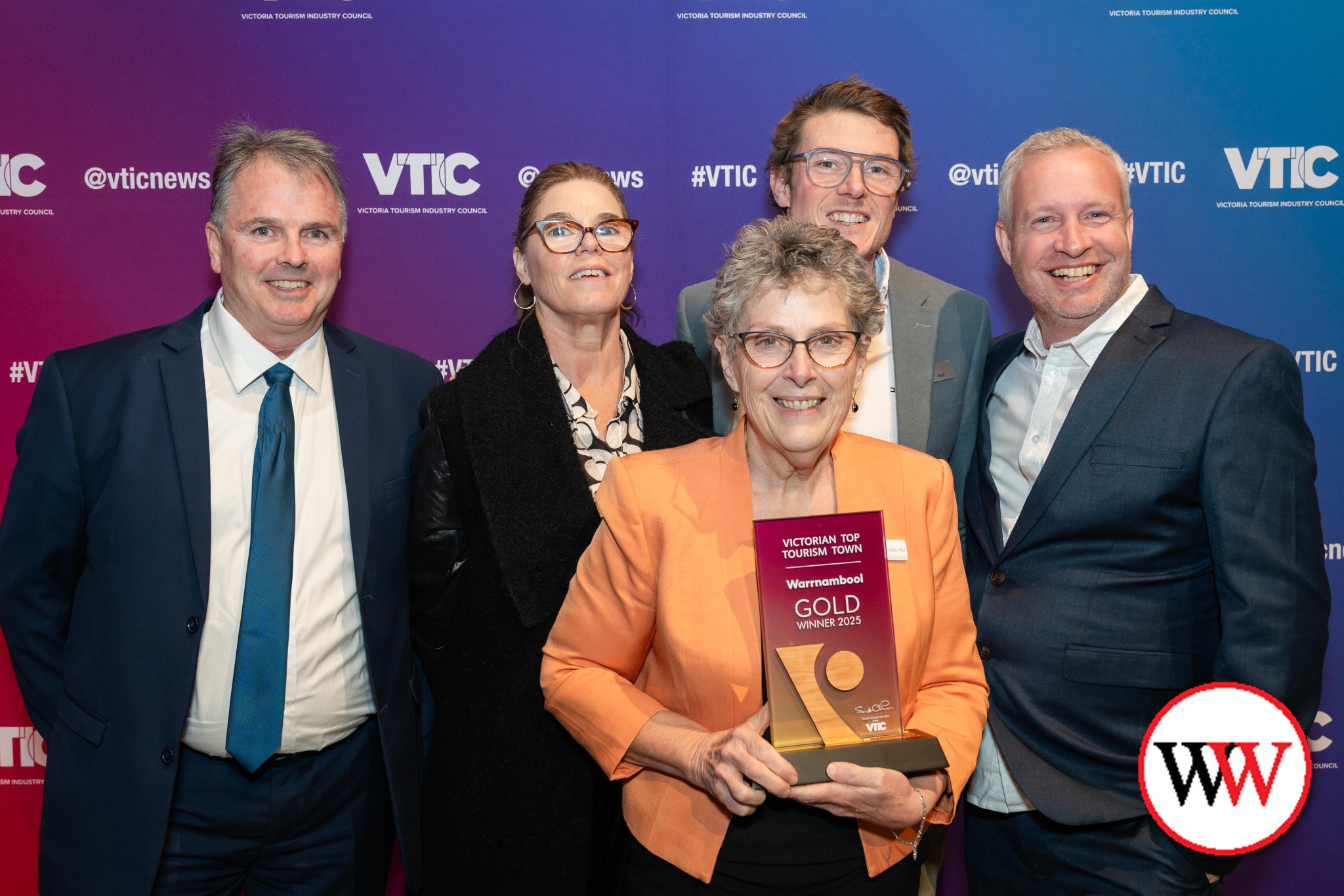 Warrnambool is this week celebrating ‘tourism gold’. Pictured accepting the award are deputy mayor Cr Vicki Jellie, manager city activation Paul Thompson, Great Ocean Road Regional Tourism Ltd general manager Liz Price, service manager Flagstaff Hill Ashley Ansell and visitor services coordinator Ashley Price.