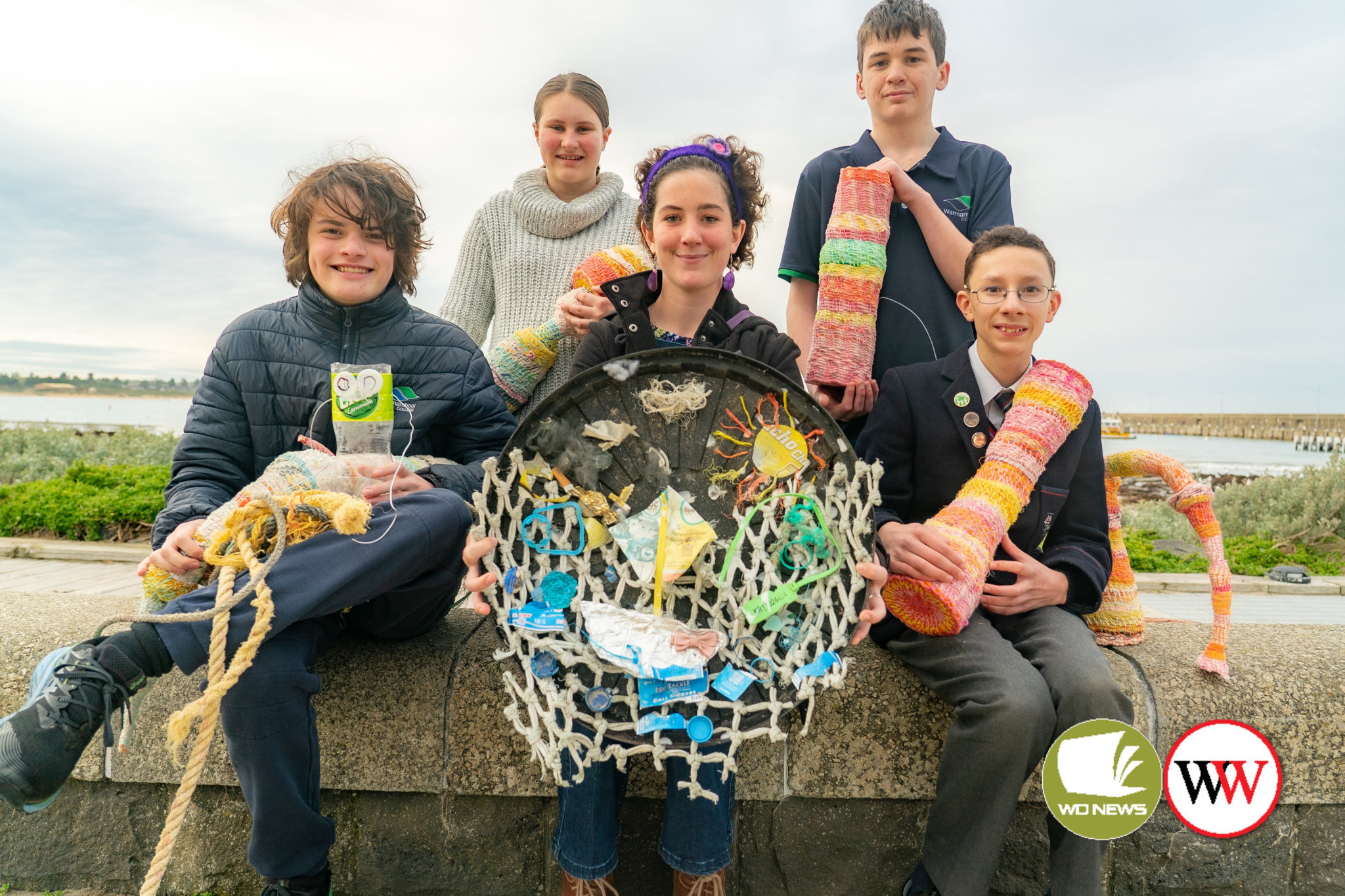 Encouraging residents to turn rubbish into pieces of art: Maisy Rowe and Patrick Stuart (back row) with Edward Higgins, Amelia Dumesny and Nikolas Keramaris.