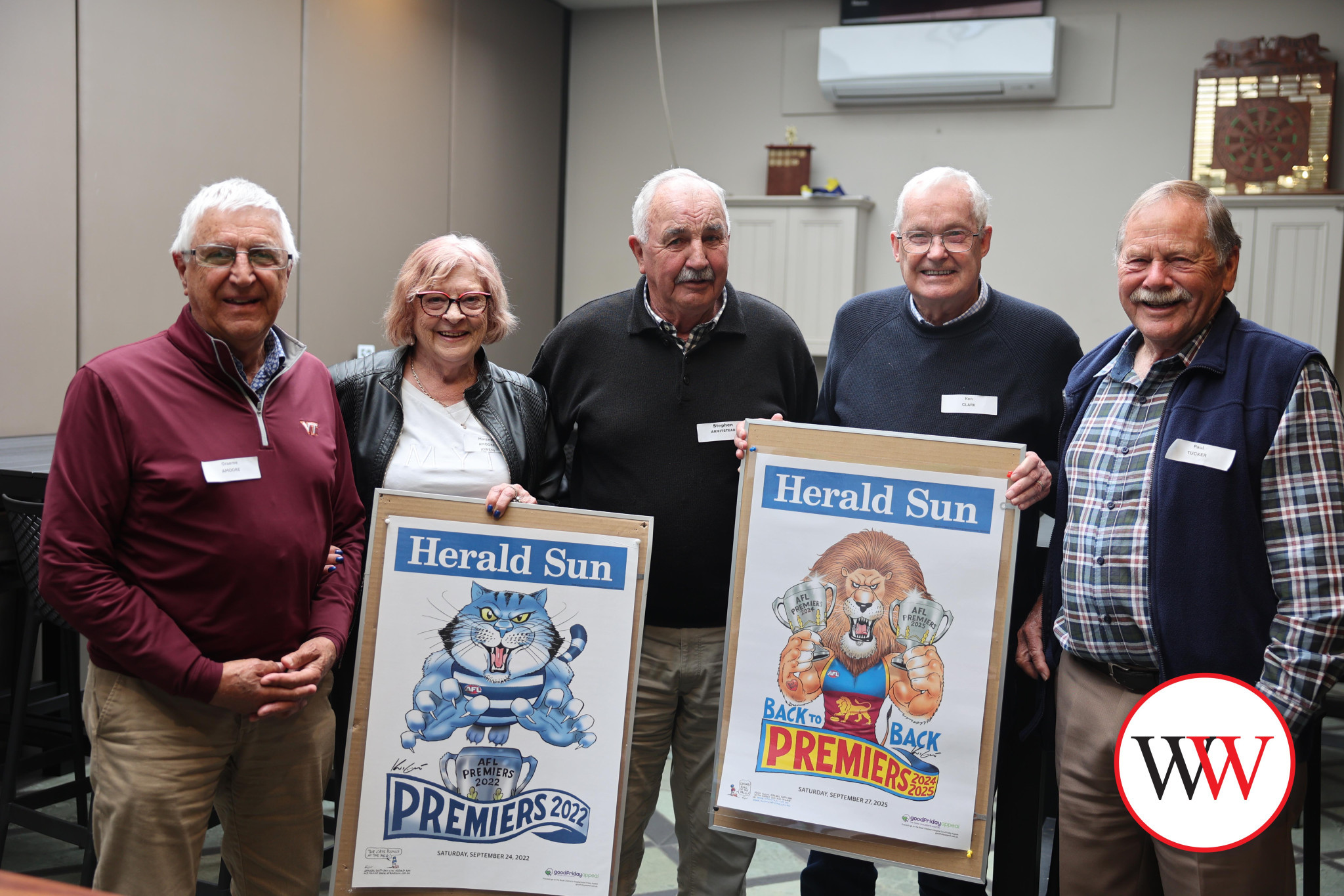 Among the guests at Sunday’s reunion were, from left, Graeme Amoore, Margaret Amoore, Stephen Armitstead, Ken Clark and Paul Tucker.