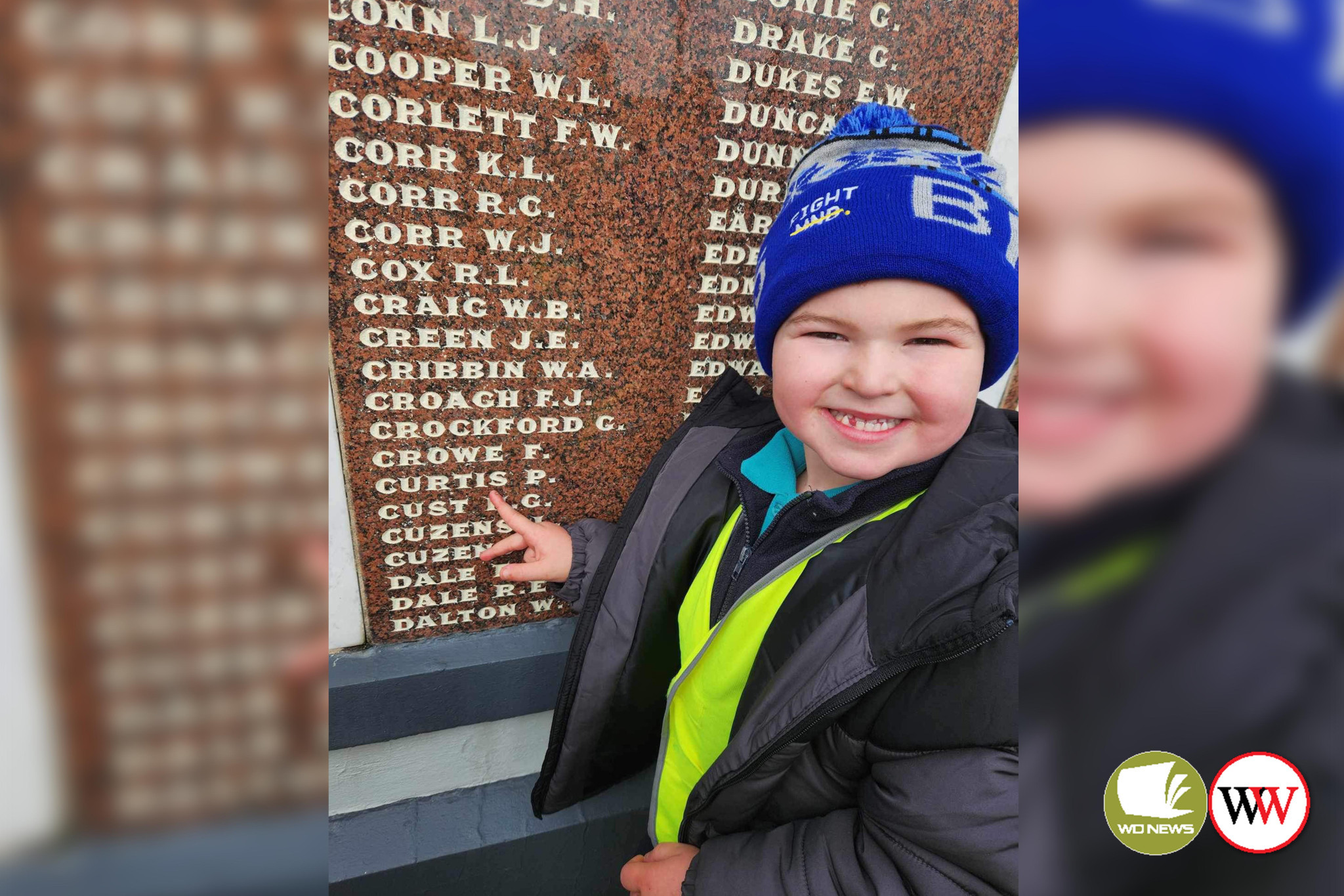 Year one student Mason Curtis was thrilled to find his surname on a plaque during the mystery bus trip.