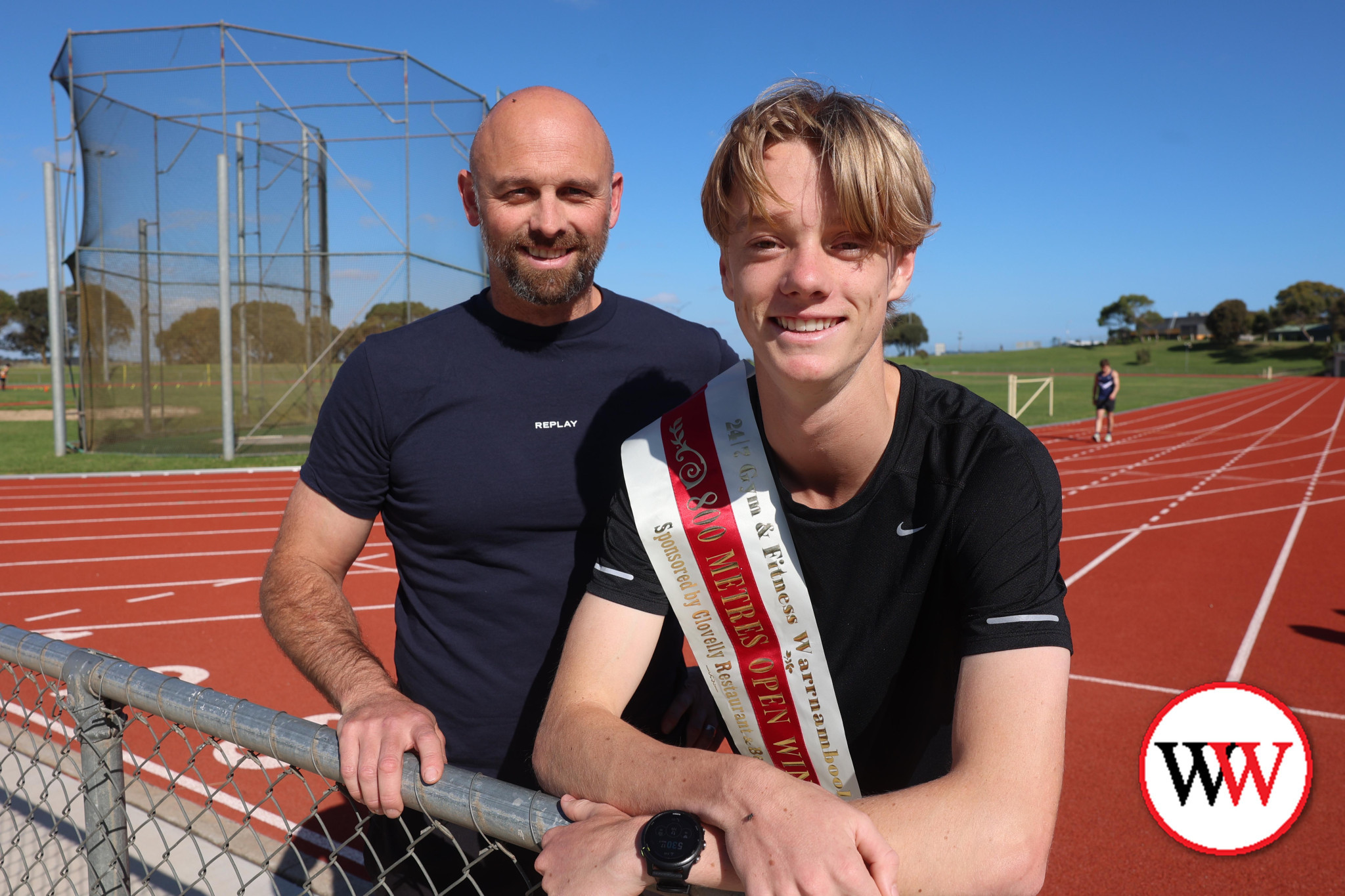 Will Callaghan (pictured with coach Jeremy Dixon) was the only local to earn a sash at this year’s Warrnambool Gift, taking out the Open 800m event.