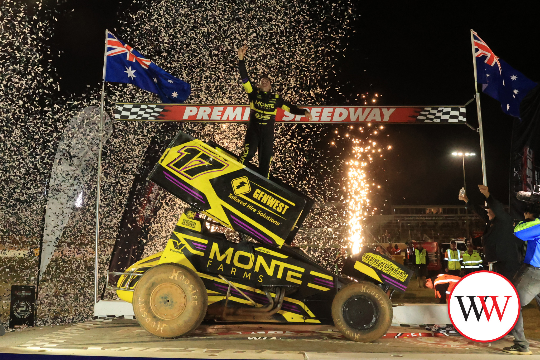 American Aaron Reutzel celebrates victory after taking out the 53rd Grand Annual Sprintcar Classic in front of a sell-out crowd at Premier Speedway last Sunday night.