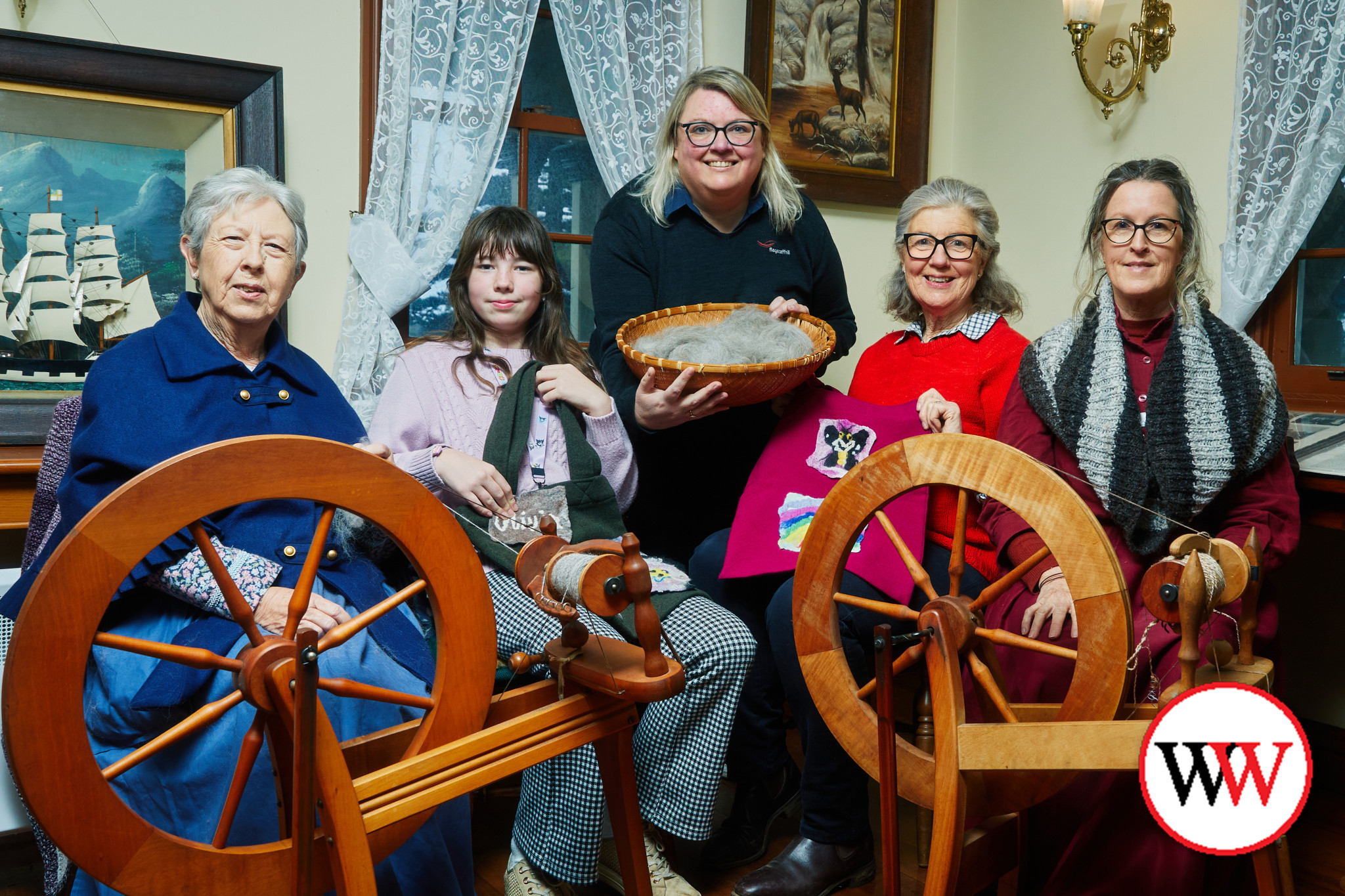 Flagstaff Hill volunteer weaver Pauline Pearson (left) with Olivia Finnigan, Flagstaff Hill Maritime Museum coordinator curator and experiences Kate Wake, Susan Finnigan and Flagstaff Hill volunteer weaver Angela Rea. Picture courtesy Warrnambool City Council.