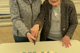 Merle Dalton (left) is the third of five generations of her family to have attended school at Nullawarre. Merle’s great aunt, Margaret Mathieson, was the first student enrolled in 1875. Pictured sharing the cake cutting honour is Bev Moore who was a student at the school from 1951-1955.