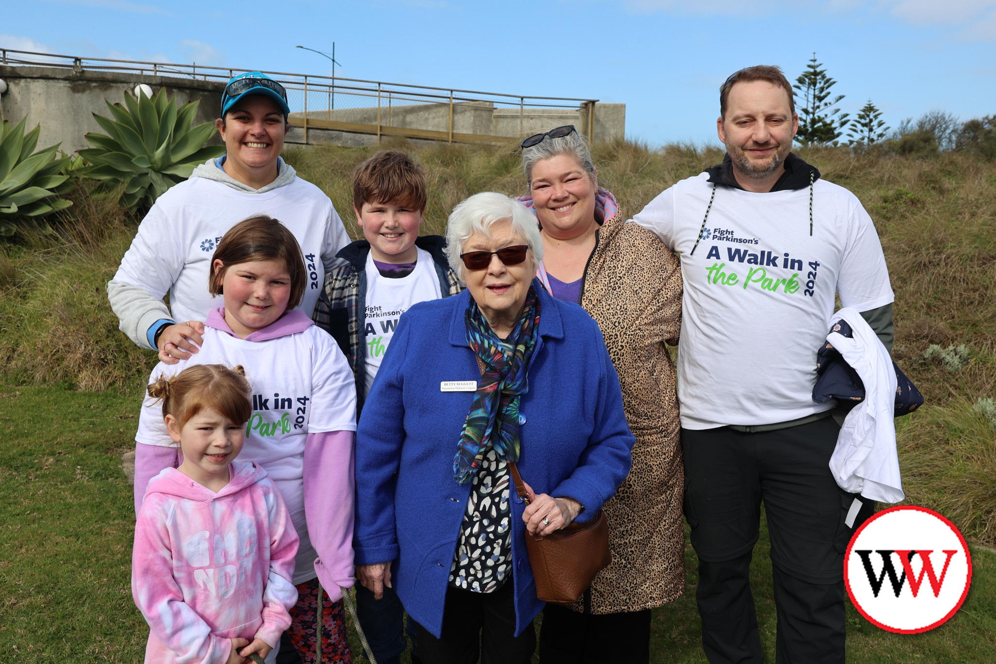 Betty Suggett (centre) was joined by family for last Sunday morning’s walk including, from left, Kate Fragiotta, Eloise O’Connor (8), Patrick O’Connor (11), Kathryn O’Connor, Carl Plozza and (front) five year-old Philippa O’Connor.