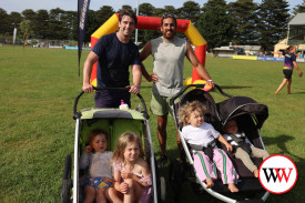 Runners Reece Hodge (left) and Andy Luxa put in a huge effort, running the course while pushing their children in prams. Youngsters Avery and Sophie Hodge, and Bobby and Jude Luxa were all happy to sit back and take in the views.