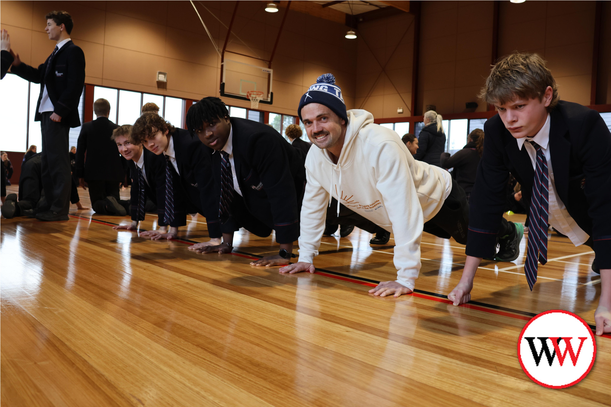 Ready to push are, from left, Luke Edwards, Alexei Khaidurov, Michael Makala and Lifeline community engagement coordinator and former Emmanuel student, Dan O’Keefe.