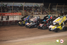 The four-wide always gets spectators on their feet before the start of the A-Main. From left: Grant Anderson, Jy Corbet, Jock Goodyer and Alex Orr.