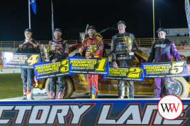 2026 Victorian Modified Sedan Title: 1st place, Brad Wicks (centre), 2nd place, Nathan Macdonald (right) and 3rd place, Brody Chrystie (left). Photo courtesy of Corey Gibson Photography