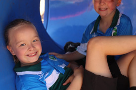 Twins Quinn and Tillie Zimmer are having “lots of fun” in their first days of school at St Patrick’s Koroit.