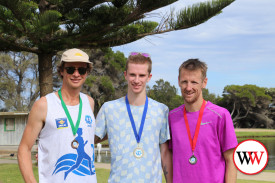 The men’s 10km run placegetters, from left: Jason Daye (third), Ben Stevens (first) and Daniel Hart (second).