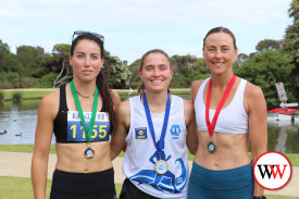 Women’s 10km run winner: Elizabeth Winter (centre) with third placed Fleur Barling (left) and second-placed Siobhan Sefton.