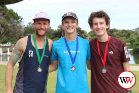 Placegetters in the 6km run for males, from left, Jesse Stent (third), Gibson Paxman (first) and William Gleisner (second).