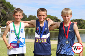 The 3km lap of the lake for men was won by Occy Hayes (centre), with Lenny Jansz (left) third and Beau Morrison (right) second.