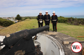 Ken Ryan, Steve Ivey and Gerard Bourke fired the giant cannon (brought to Warrnambool in 1866) to mark the start of Classic Week.