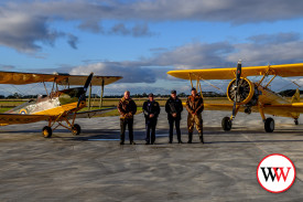 Tiger Moth pilot Jason Cheney and crew member David McGuinness shortly after landing in Warrnambool last weekend.