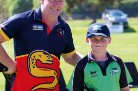 Competition winner Liam Spooner from the Spring Creek Strikers with Jamie Harry.