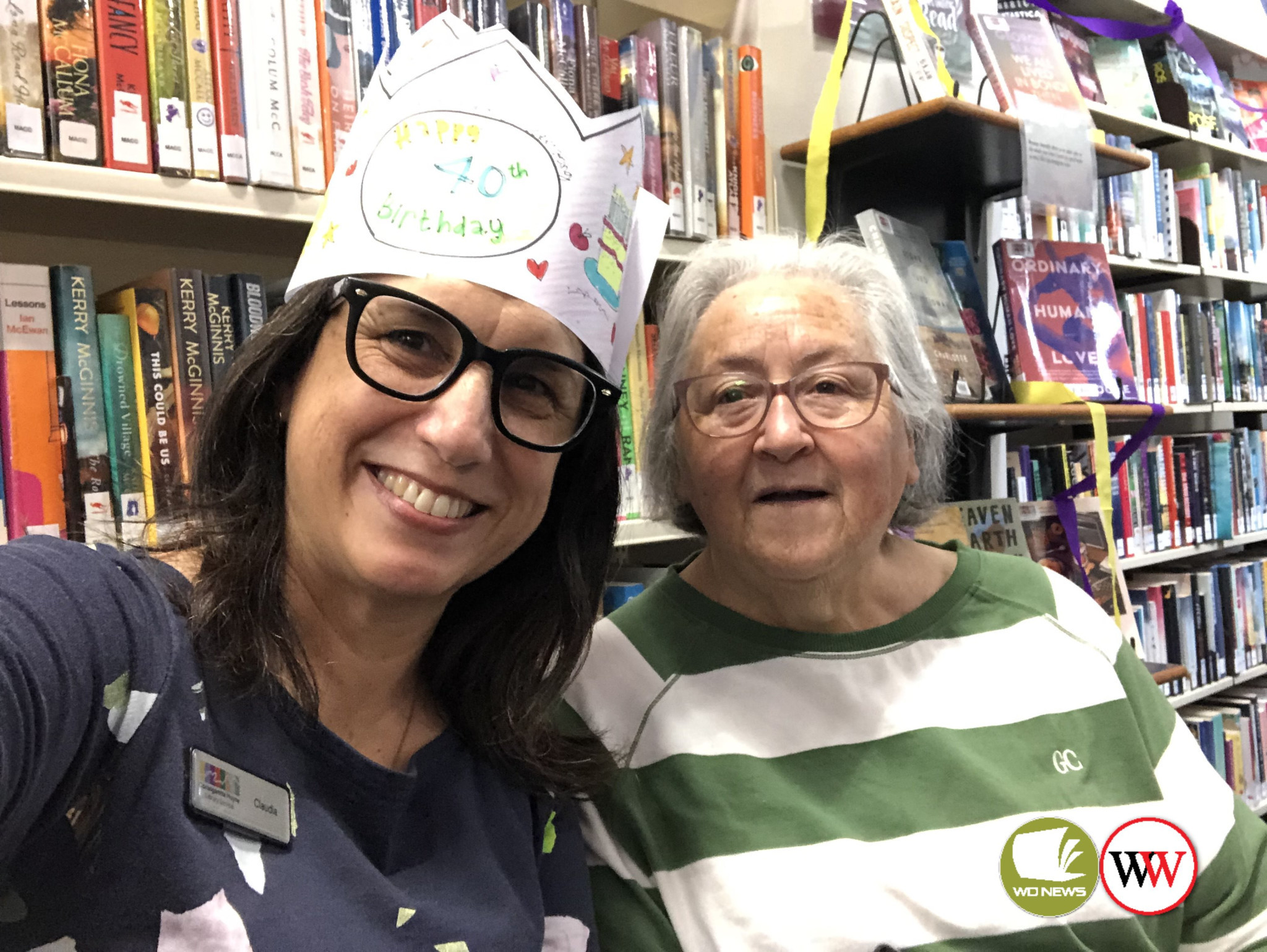 Port Fairy librarian Claudia Matthews with local identity Margaret Whithead.