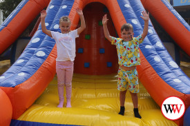 Six year-old Poppy Kelson from Warrnambool, and brother River (five), were happy to spend time on the giant inflatable octopus.